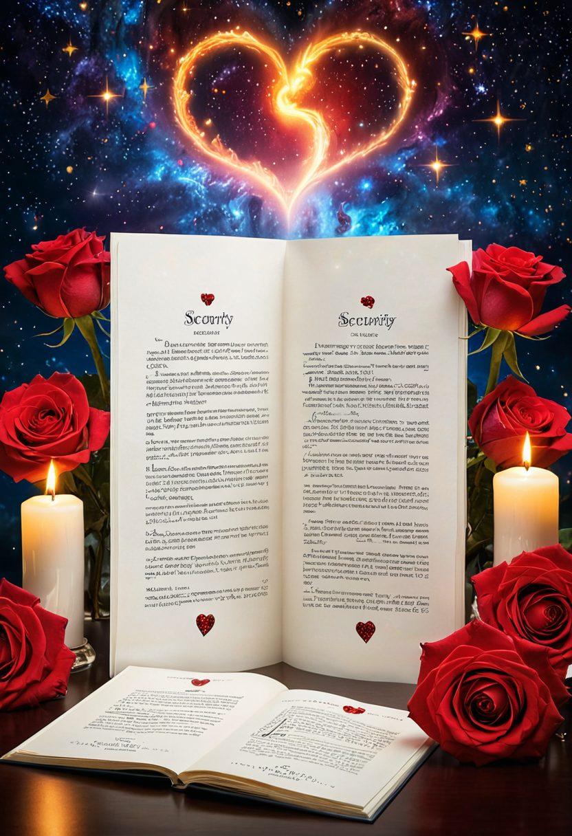A cosmic scene featuring two planets intertwined with swirling heart-shaped nebulae and sparkling stars, symbolizing the connection between love and stability. In the foreground, a glowing insurance policy document rests on a romantic table adorned with roses and candles, showcasing the notion of security in relationships. The background should evoke a sense of vastness and warmth, embracing both love and insurance. vibrant colors. digital painting. ethereal atmosphere.