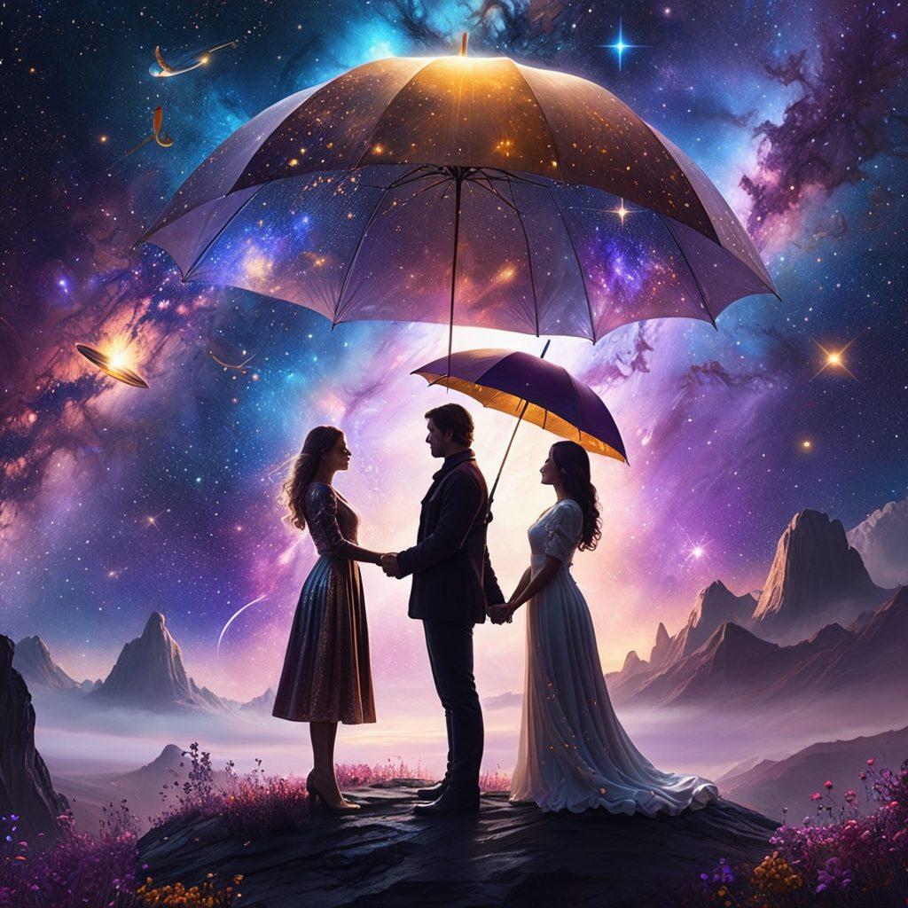 A couple standing in a cosmic scene, surrounded by vibrant celestial elements like stars, planets, and nebulae, symbolizing love. They hold an umbrella that radiates protective energy, with glowing insurance documents floating around them, representing financial security. The colors are rich and vivid, creating an ethereal atmosphere. super-realistic. vibrant colors. cosmic art.