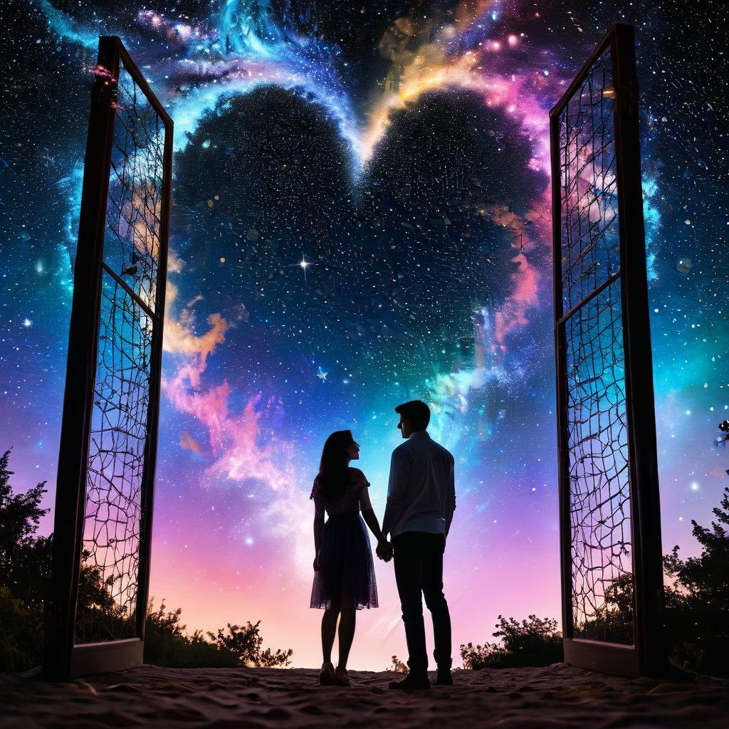 A couple gazing up at a starry night sky filled with swirling galaxies and vibrant cosmic colors, with an ethereal safety net shimmering above them, symbolizing security and protection. Incorporate elements of finance like glowing coins and heart-shaped symbols entwined in the net, creating a whimsical romantic atmosphere. cosmic swirl. vibrant colors. dreamy atmosphere.